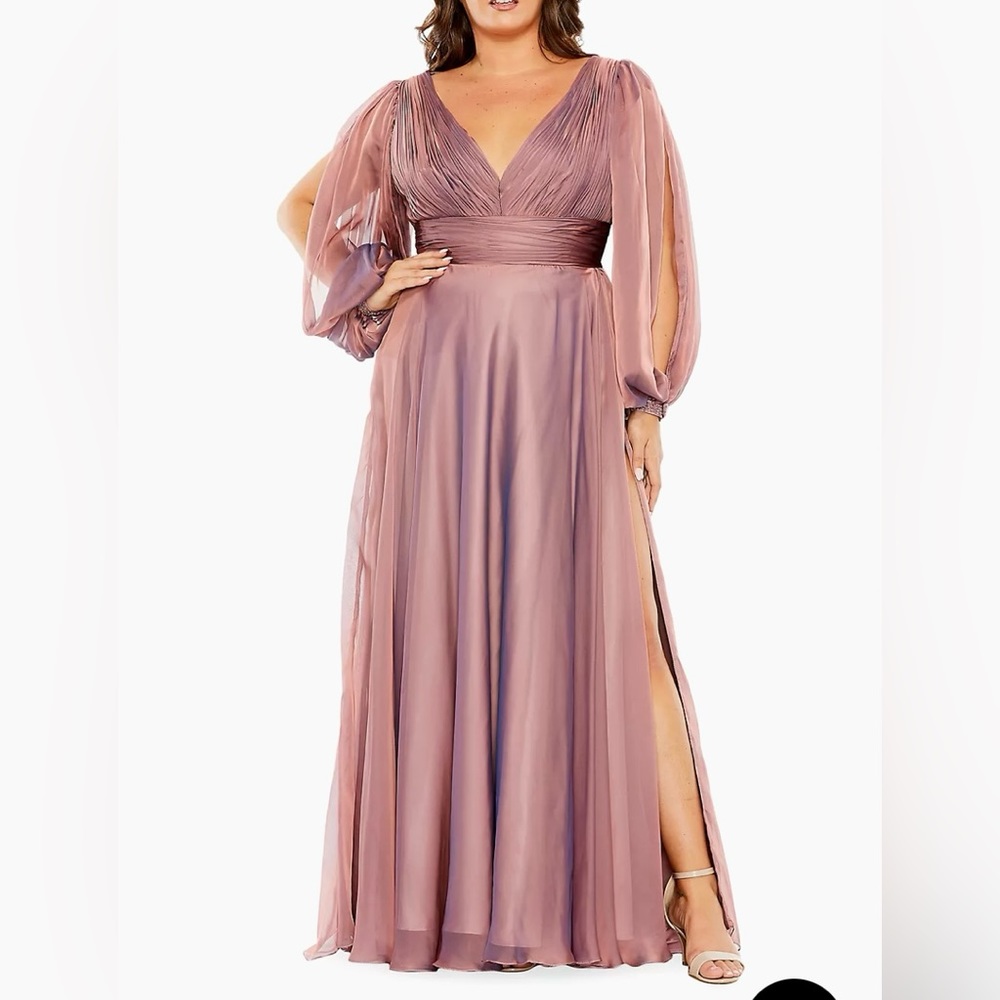 Mac Duggal Mauve Sheer-Sleeve V-Neck Maxi Gown